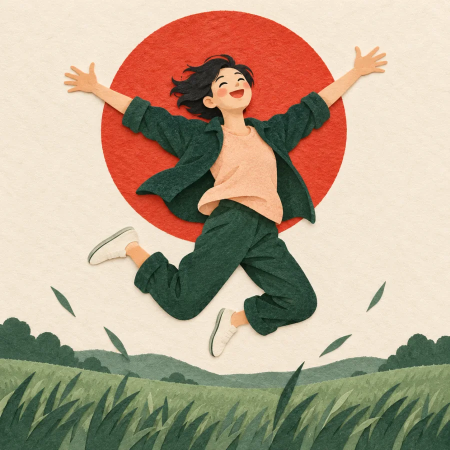 A joyful person leaps high on a green meadow.