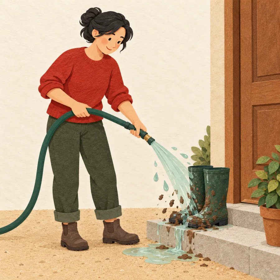 A person sprays muddy boots with a hose on a doorstep.