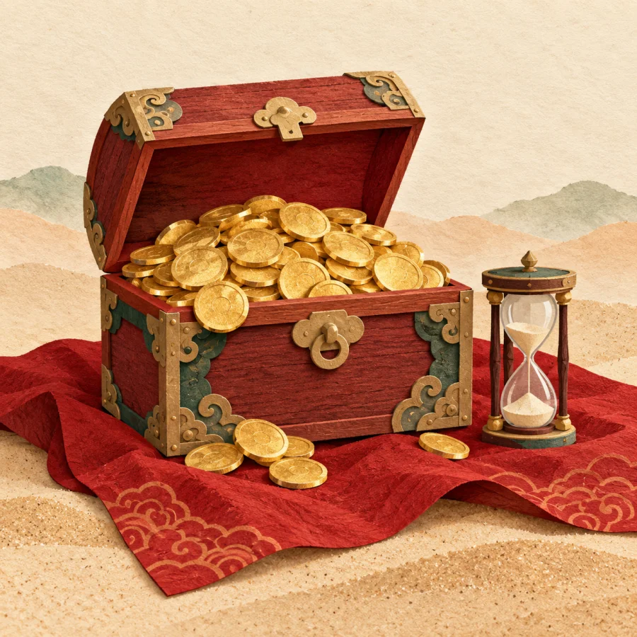 A chest overflowing with coins beside an hourglass.
