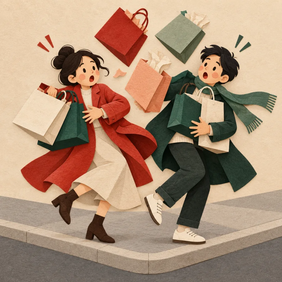 Two people carrying bags bump at a corner, bags flying.