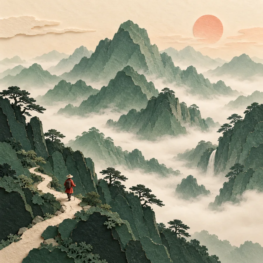 Mountain ridges fade one behind another, a tiny traveler in front.