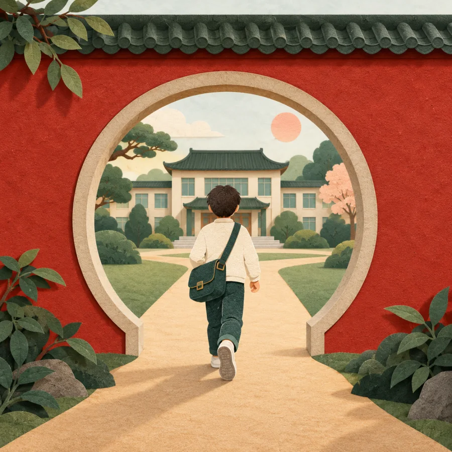 A person with a satchel walks through a round gate toward a school.