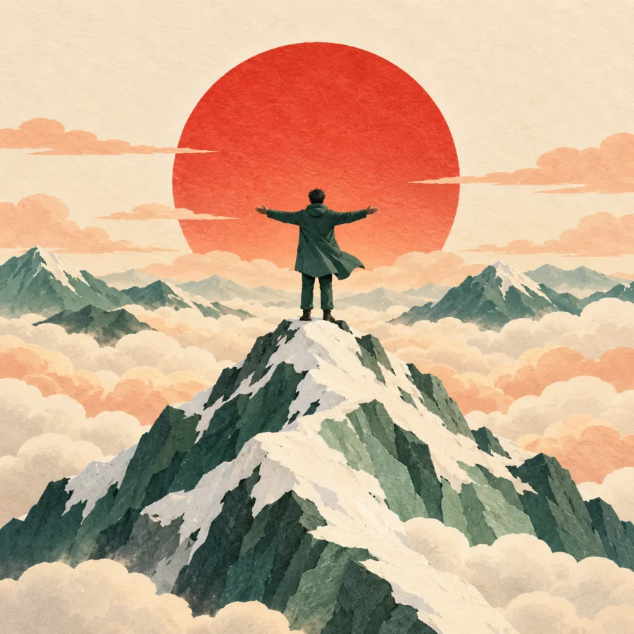 A person on a snowy peak above the clouds opens their arms.