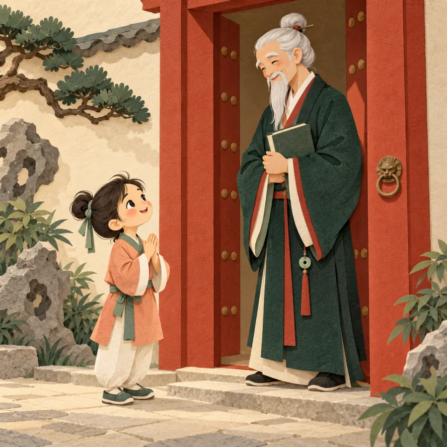 A child gazes up with awe at a tall old teacher.