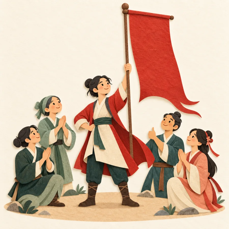 A person raises a red banner while others nod approvingly.