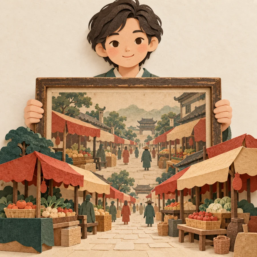 A person holds an old street photo as colourful stalls reappear.