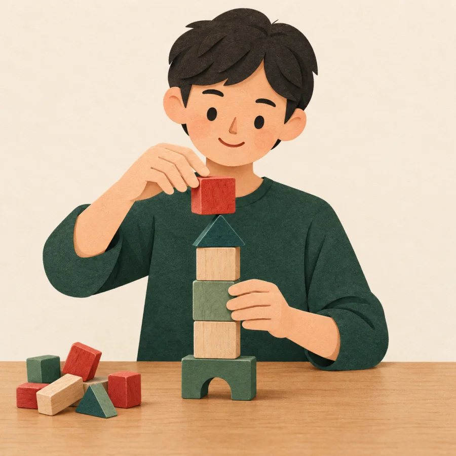 A person builds colourful blocks into a new tower beside toppled pieces.
