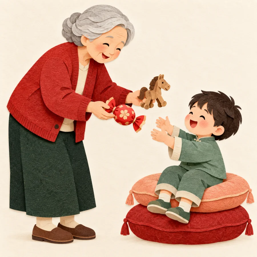A grandparent hands a child a big candy among cushions.