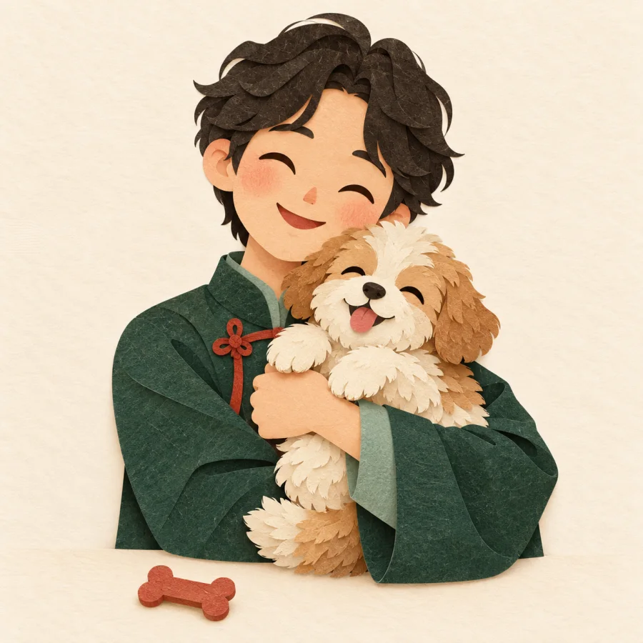 A person hugs a fluffy puppy tightly, a treat beside them.