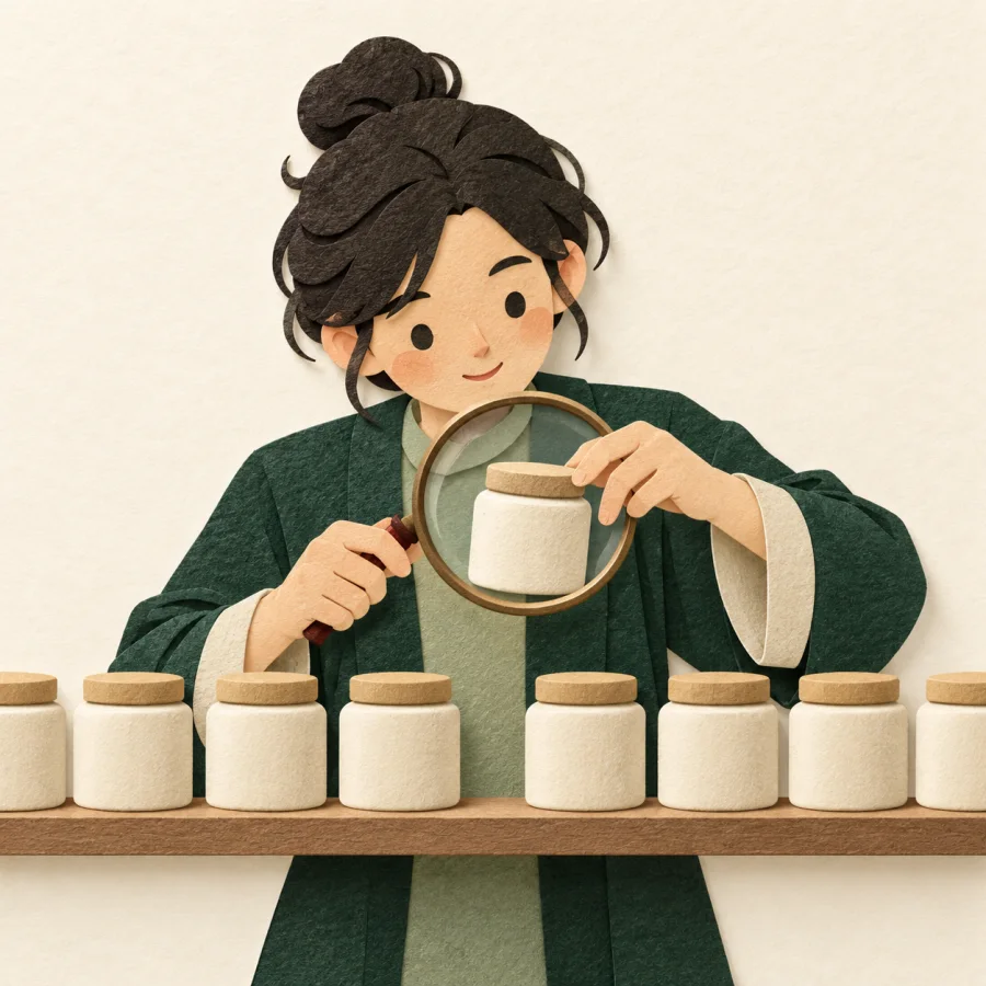 A person with a magnifying glass picks one jar from a row.