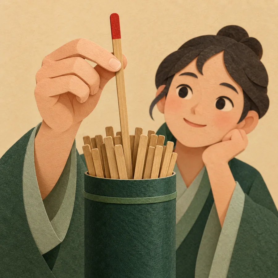 A hand pulls one stick from a cup full of sticks.