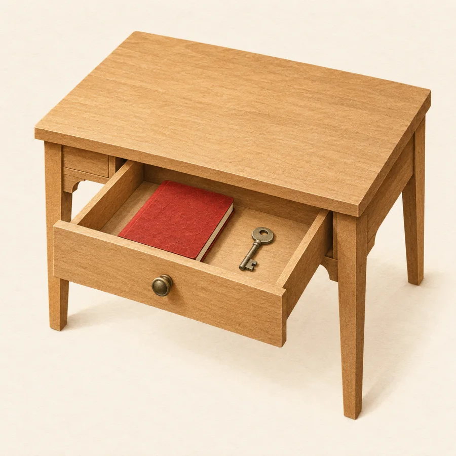 A wooden desk with a half-open drawer holding a notebook and key.