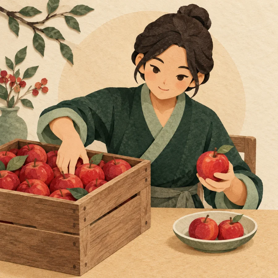 A person moves a few apples from a crate into a small dish.