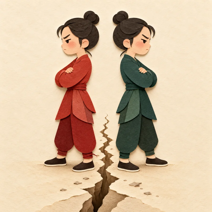 Two people stand back to back with a crack in the ground between.