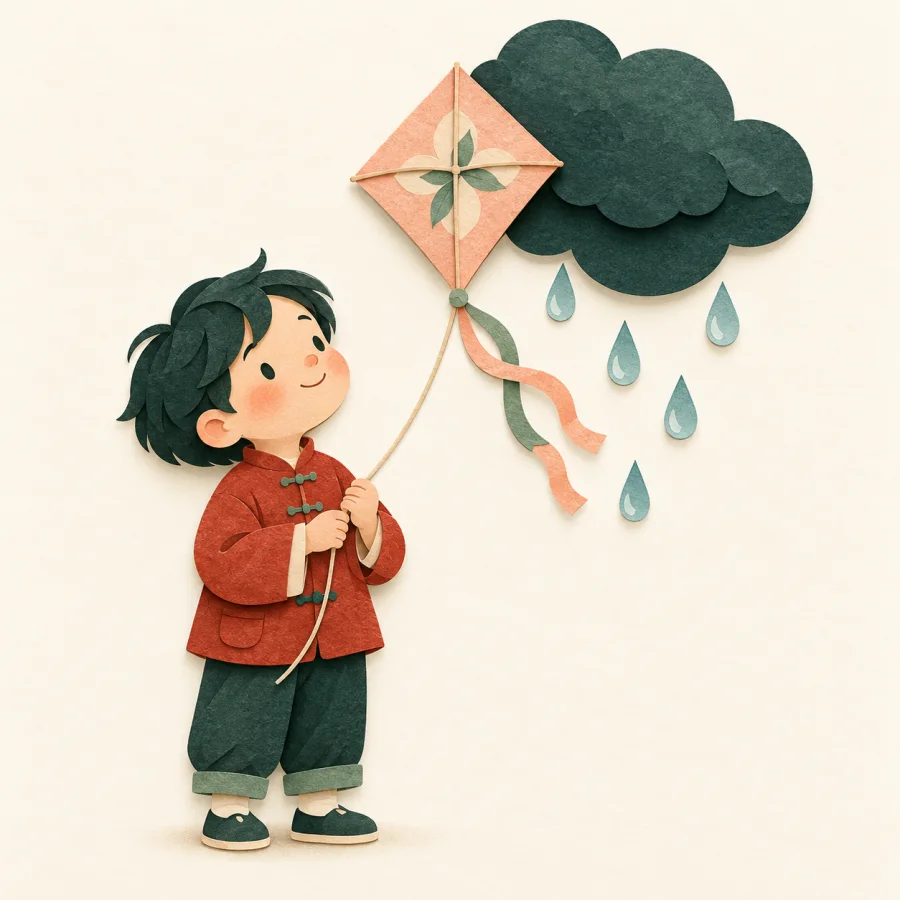 Uma criança empinando uma pipa sob uma nuvem de chuva