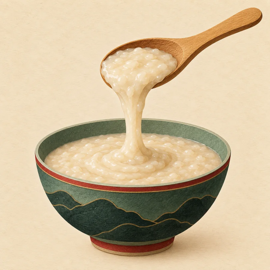 A spoon lifts thick porridge that drips slowly into a bowl.