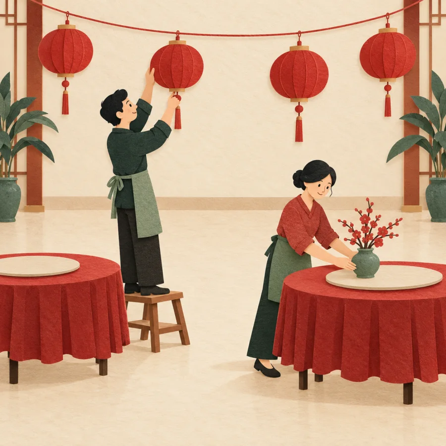 Two people hang red lanterns and arrange tables in an empty hall.