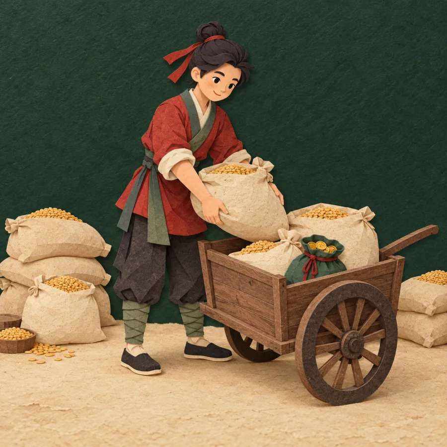 A person loads a cart with grain sacks and a bag of coins.