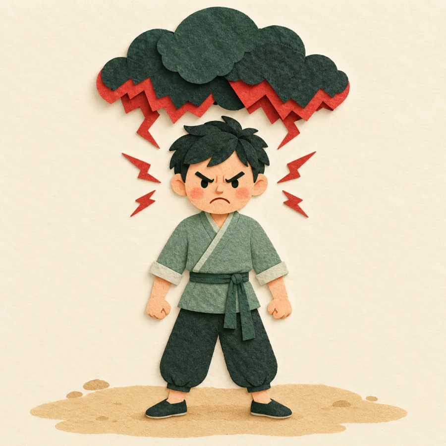 A frowning person with clenched fists under a dark cloud.