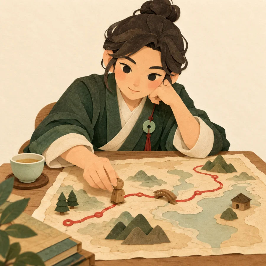 A person moves small pieces along a red route on a map.