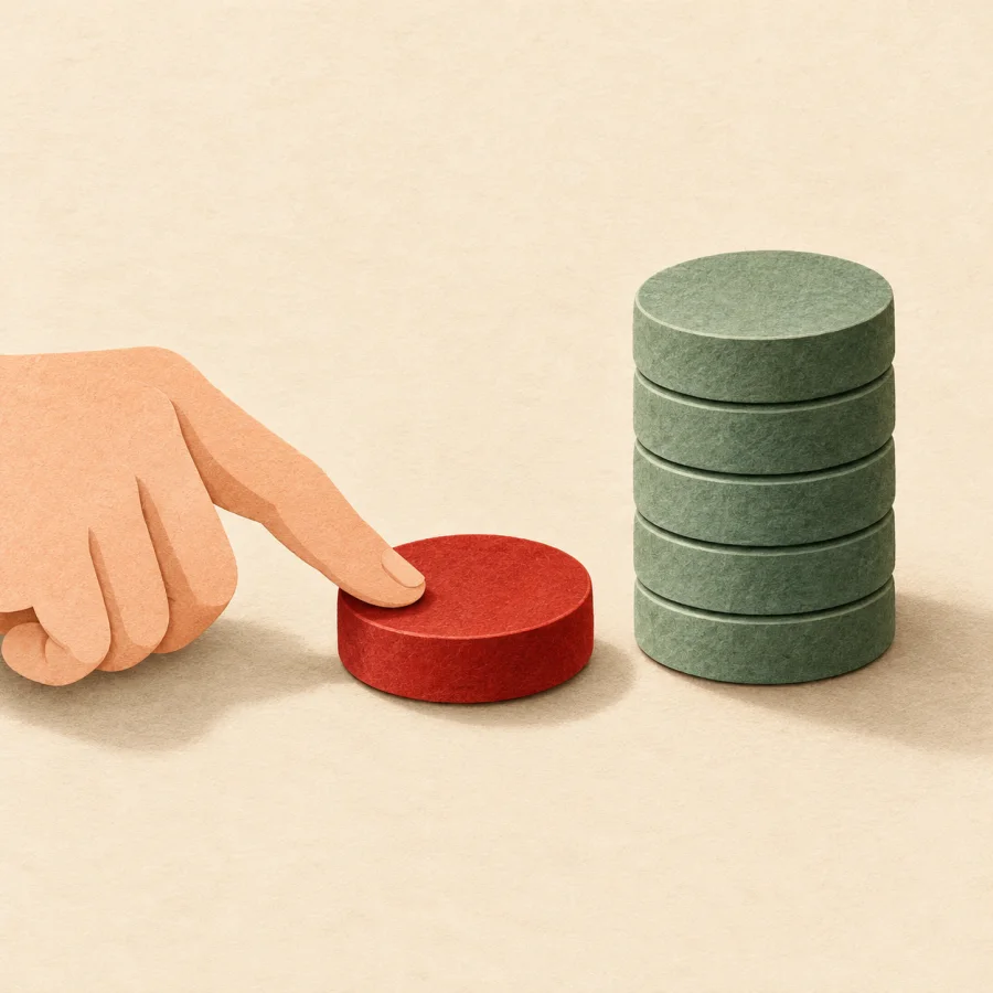 A hand pushes a red counter toward a tall stack of green counters.