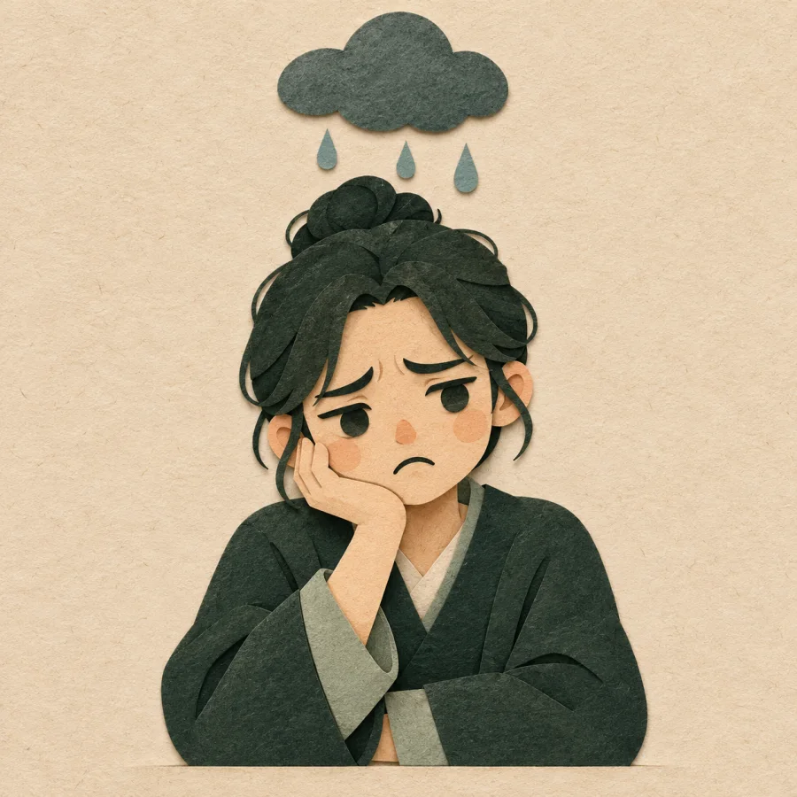 A person with furrowed brows rests chin on hand under a small cloud.