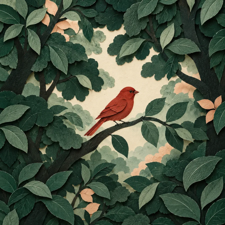 Tightly packed green trees with a small red bird on a branch.