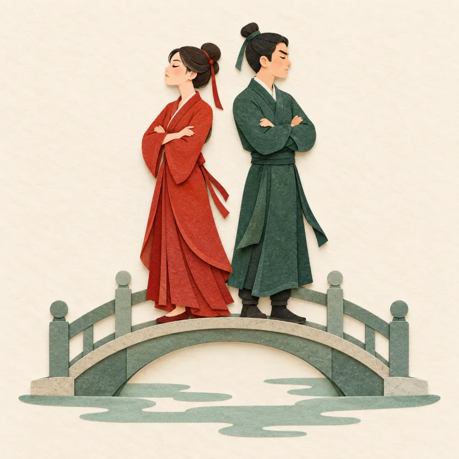 Two people on a narrow footbridge turn away with arms crossed.
