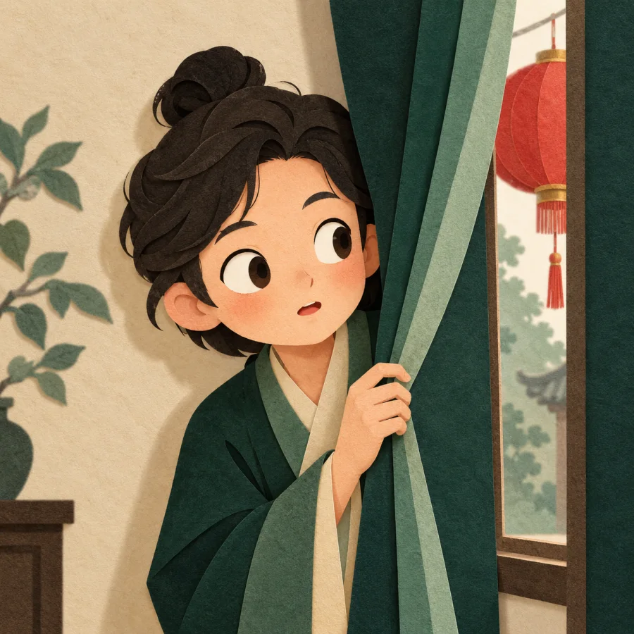 A person peeks around a window curtain at a red lantern.