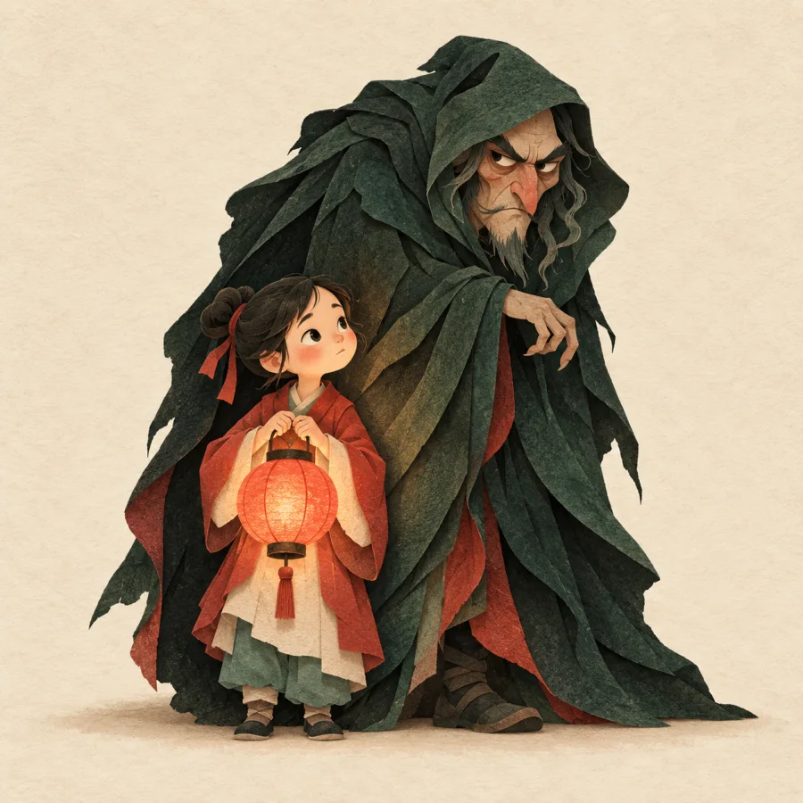 A hunched figure in a dark cloak beside a child with a red lantern.