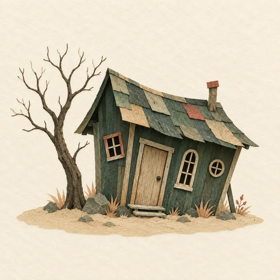 A crooked shed with a sagging roof beside a bare tree.