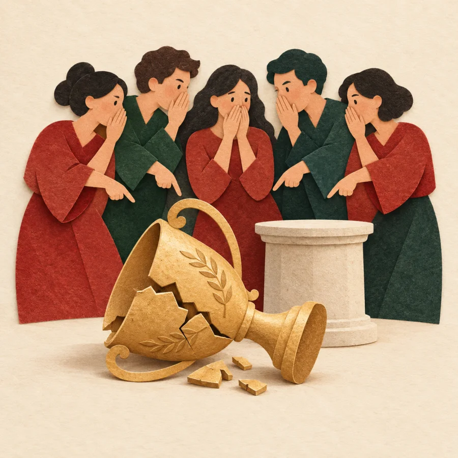 A crowd whispers and points at a fallen cracked trophy.