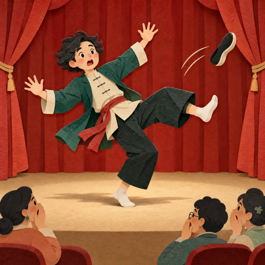 A person trips on stage while the audience covers their mouths.