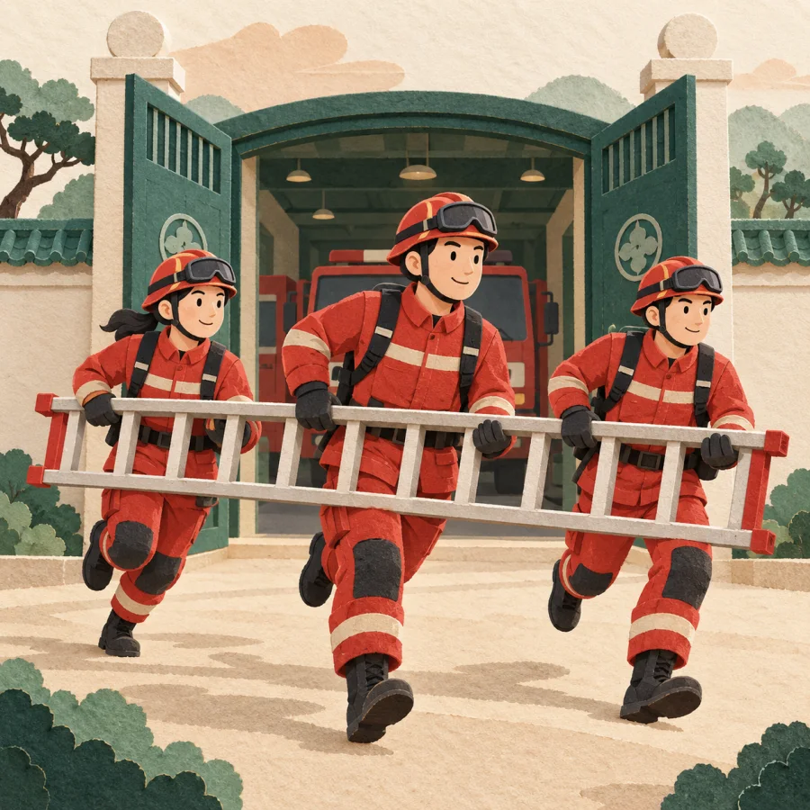 Rescuers in red jackets rush out of a station gate with a ladder.