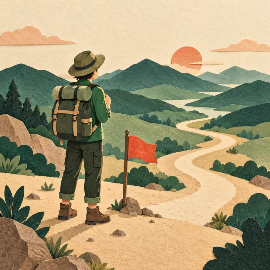A traveler with a backpack stands by a red flag at a path’s start.