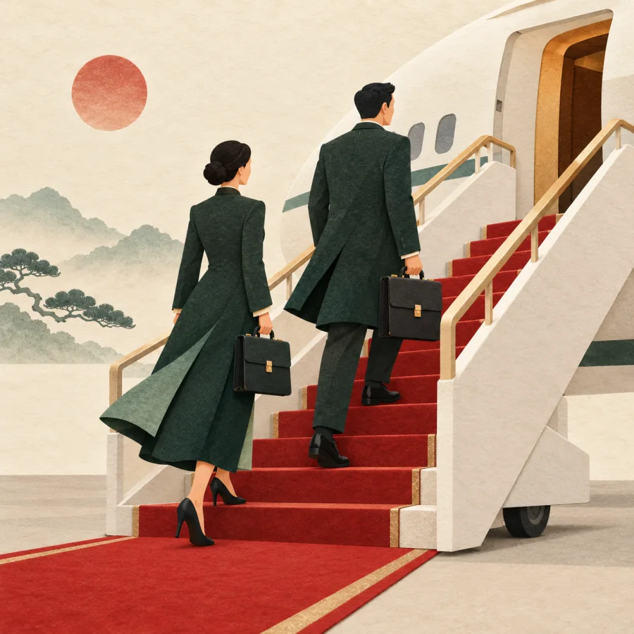 Two officials in formal coats climb airplane steps with briefcases.