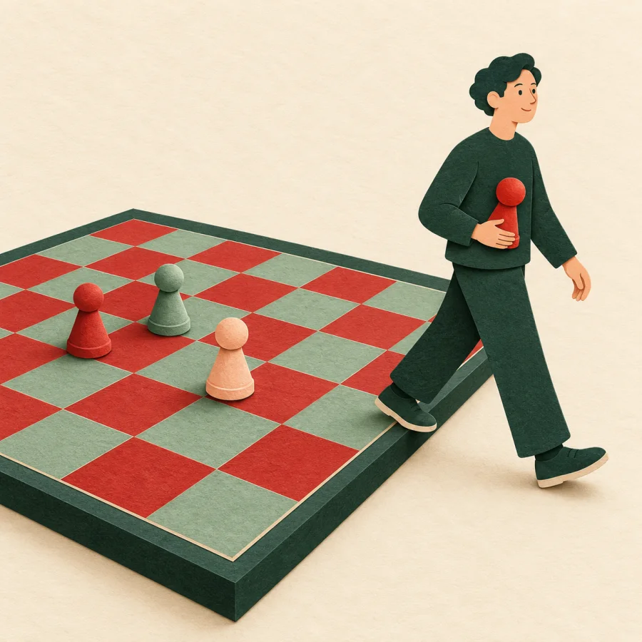A person walks off a big game board while pieces stay on it.