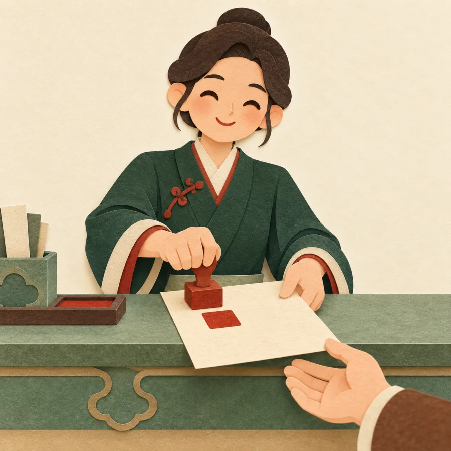 A clerk stamps a sheet with a red seal and hands it over.