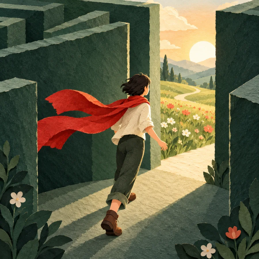 A person in a green maze turns toward a sunlit gap.