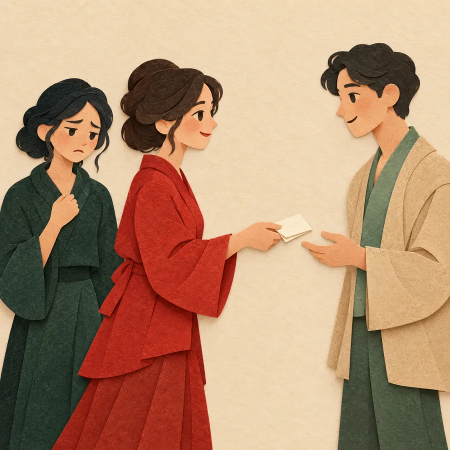 A person hands a note to a stranger as a hurt friend watches.