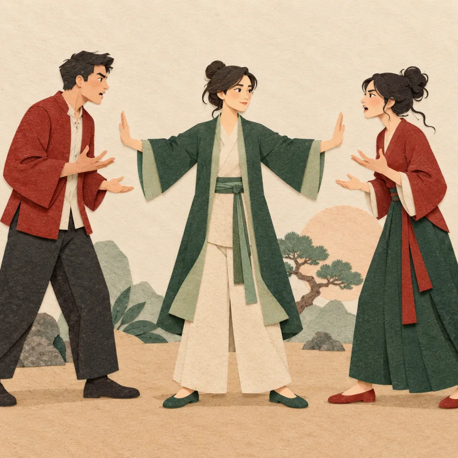 A person steps between two arguing people with raised hands.
