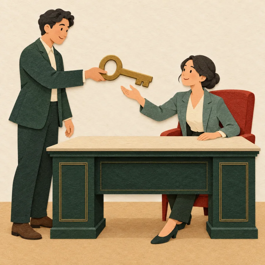 A person sits at a big desk as a predecessor hands over a key.