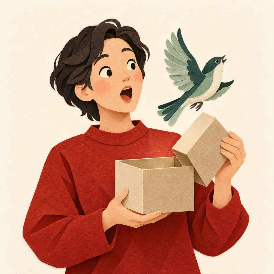 A person opens a gift box and a bird pops out