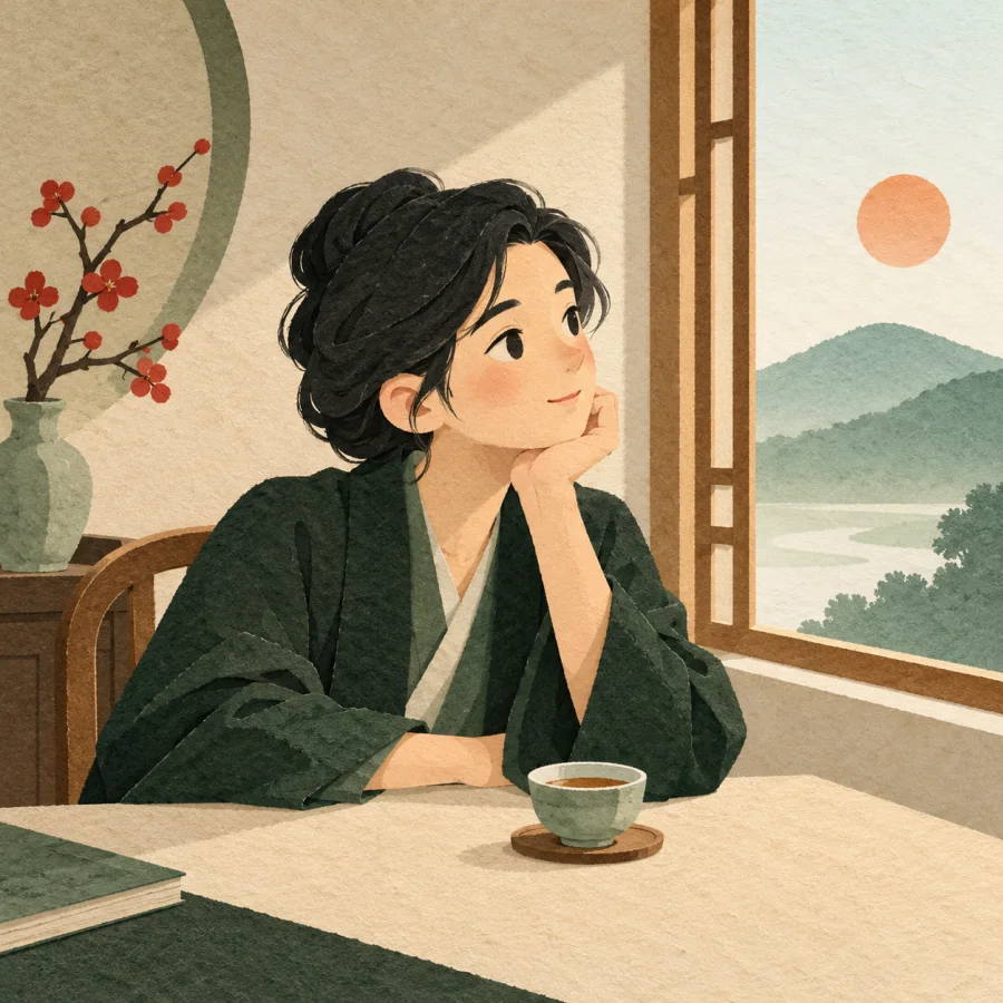 A person gazes motionless out of a window, lost in thought