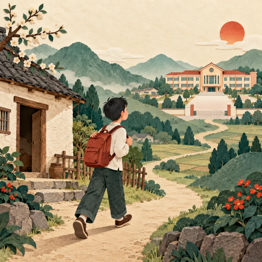 A young person leaving a farmhouse toward a distant school building