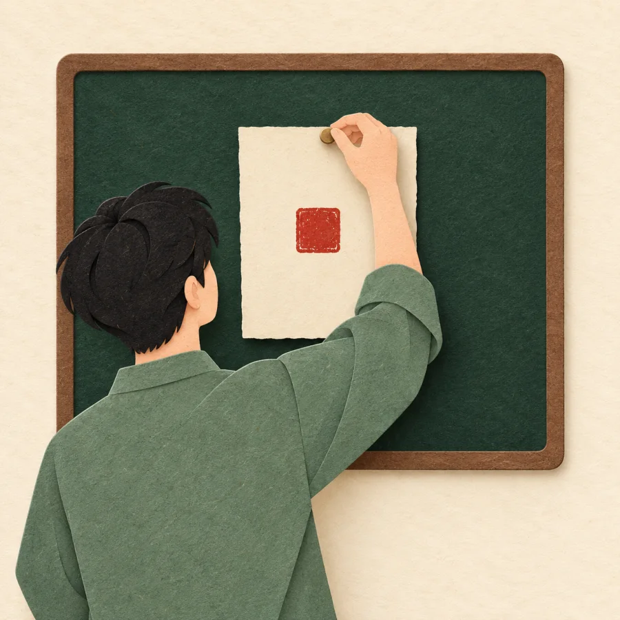 A person pins a new sheet of rules on a board