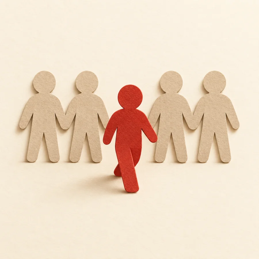One figure steps forward from a row of identical figures