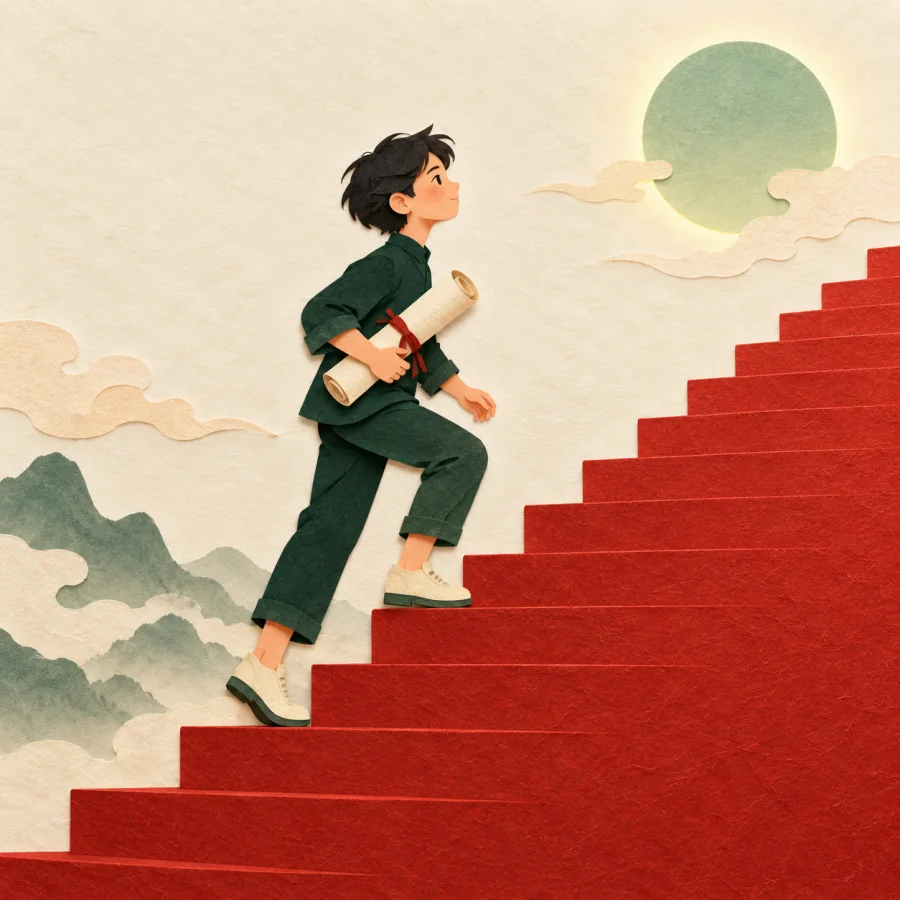 A young person with a diploma climbs a staircase upward