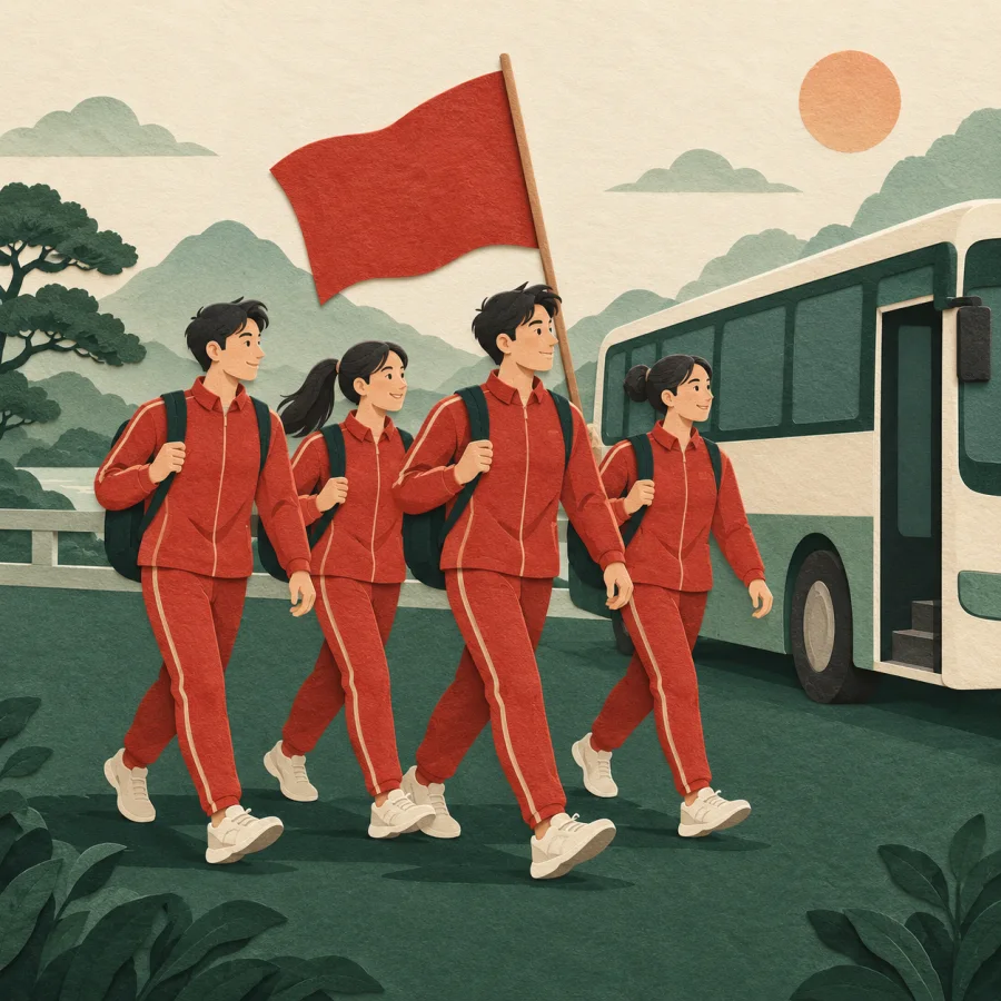 A group of athletes with a flag walks toward a bus