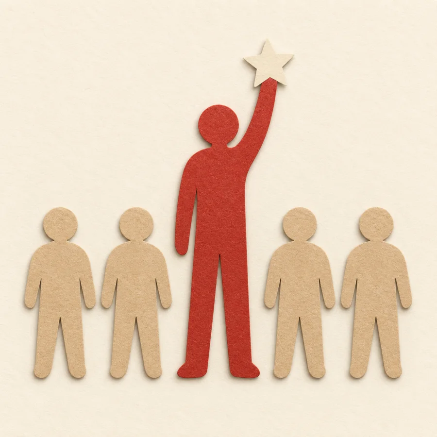 A red figure stands taller than all the others in a row